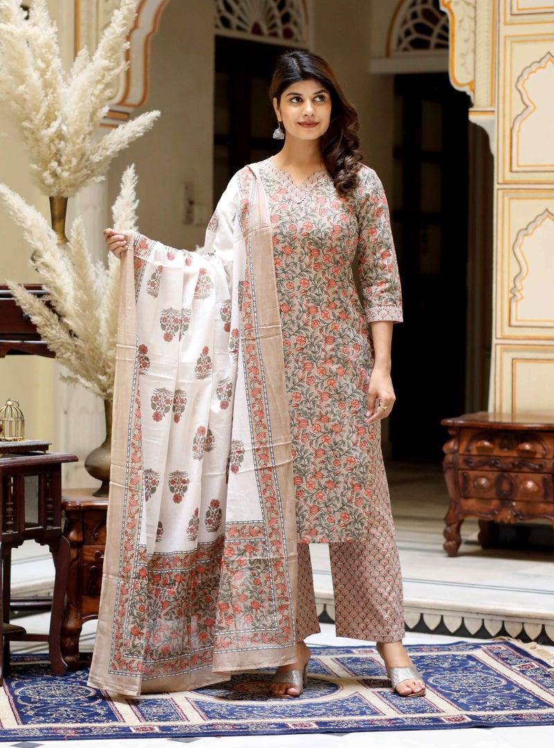 Miravan Women's Brown Floral Printed Kurta Set for Women - Image 1